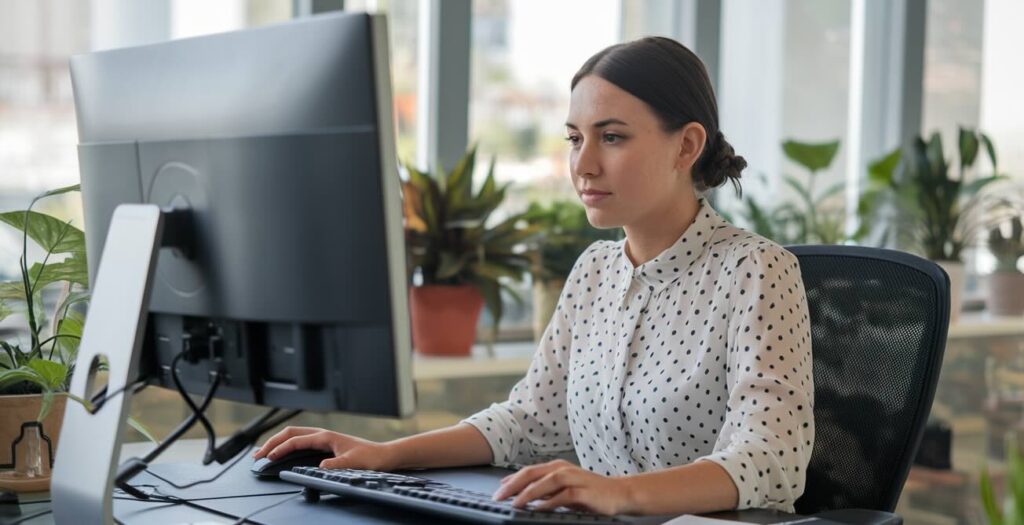 HR employee researching compliance on her computer