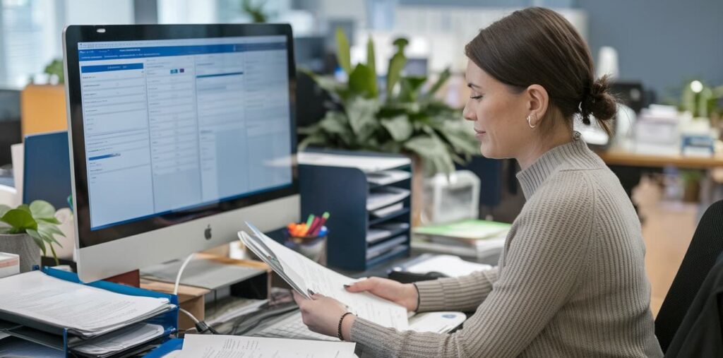 HR employee processing paperwork into an HR system