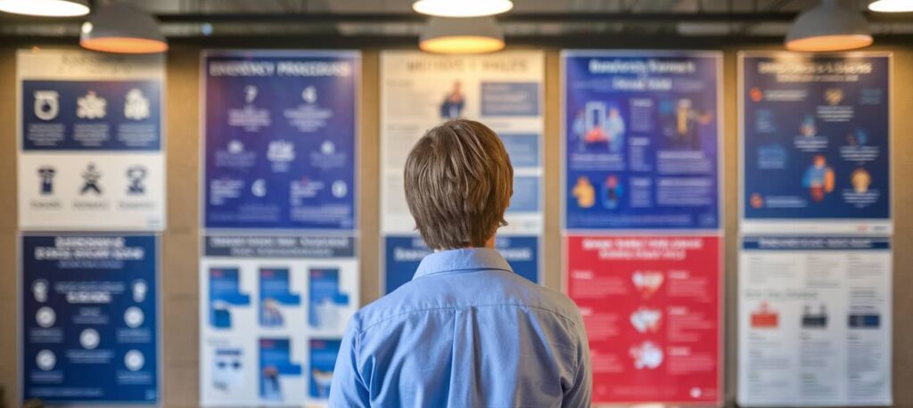 Employee viewing labor law posters in the break room
