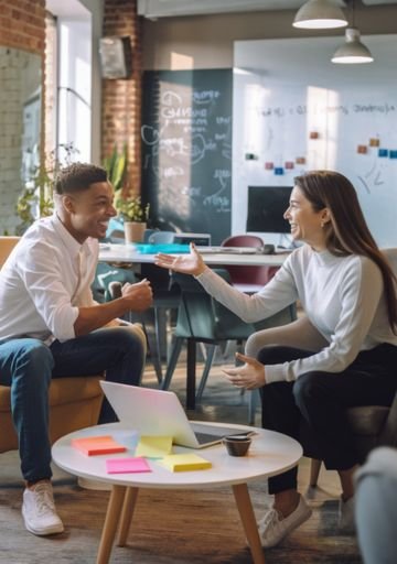 two happy employees seated, talking to each other