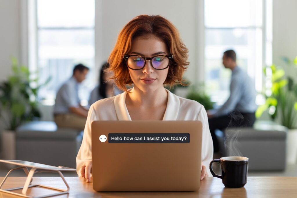 Image of woman on her laptop representing everyday AI tools for HR teams to draft policies, summarize meetings, and support employee communications.