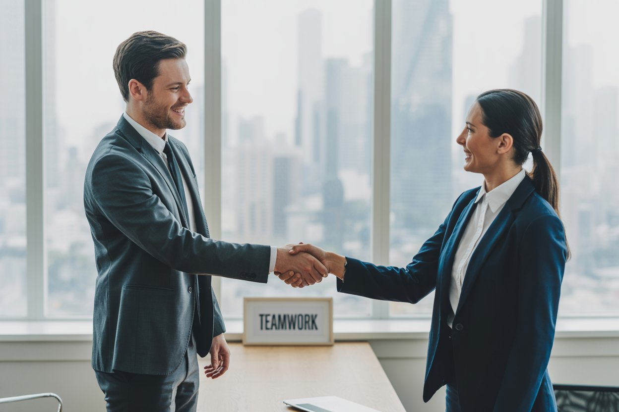 Startup founder shaking hands with HR manager after setting up a new HR department in a modern office.