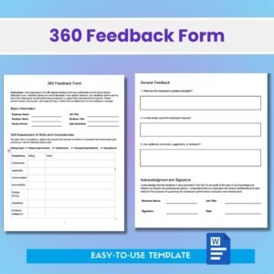 Preview of 360-degree feedback form template showing competency ratings and open-ended feedback fields in Microsoft Word.
