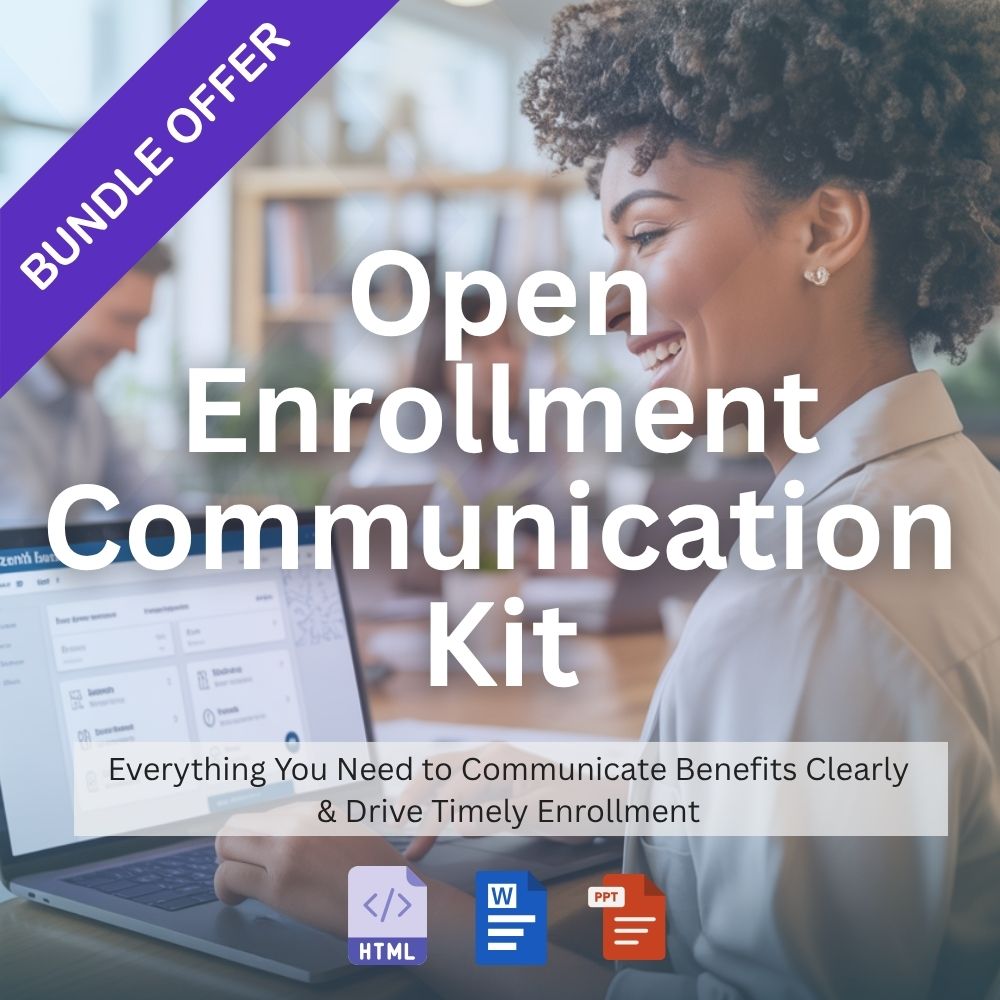 All-in-one Open Enrollment Communication Toolkit bundle with email templates, planner, FAQ, guide, presentation, and flyers