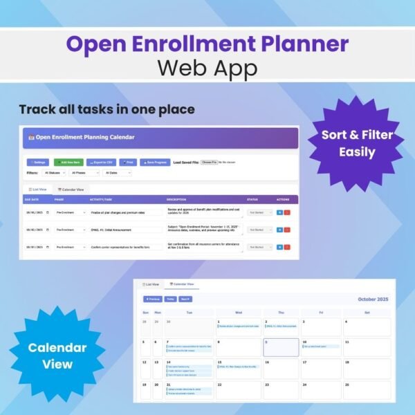 Open Enrollment communication planner web app interface showing timeline and key milestones