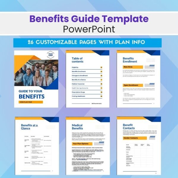 Editable employee benefits guide PowerPoint template with visual breakdown of healthcare options