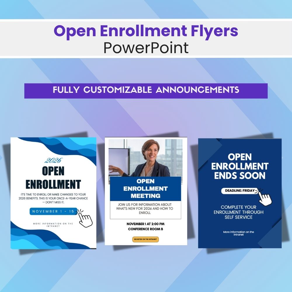 Open Enrollment flyer templates in PowerPoint promoting deadlines and benefit highlights