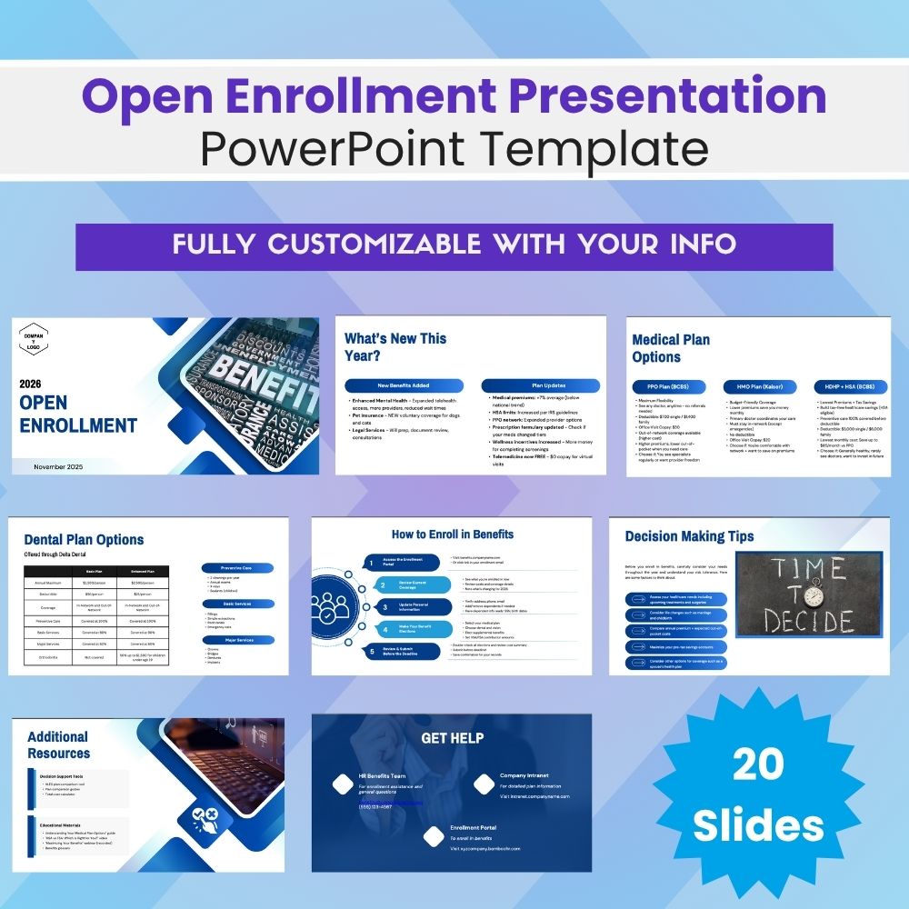 Open Enrollment benefits presentation deck in PowerPoint for HR team meetings